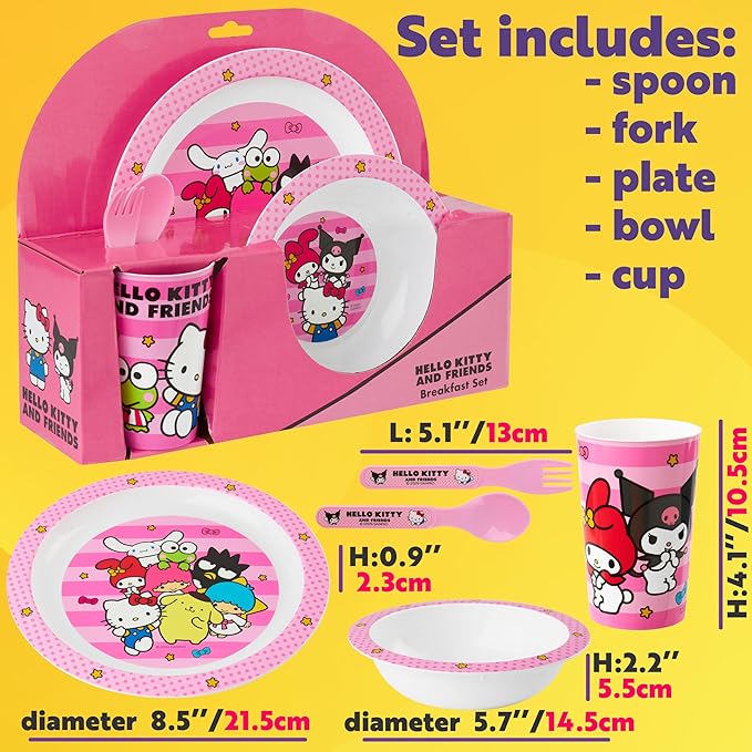 Get Trend Hello Kitty Sanrio Dinnerware Sets for Kids, 5 Pc Tableware, Plate, Bowl, Cup, Spoon, Fork, Kawaii Plates and Bowls Set, Gifts for Kids (Pink Hello Kitty)