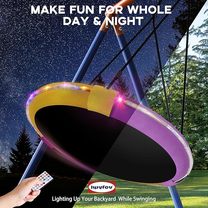 4-in-1 Swing Sets with Stand for Backyard, 440lbs Outdoor Saucer Swing Set for Kids, Heavy-Duty A-Frame Metal Playset for Playground, 32 inch Saucer, Belt Swing, Basketball Hoop, Led Light & Anchors