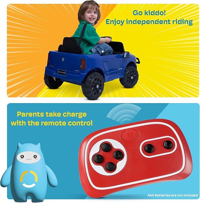 Kidzone 12V Licensed RAM 3500 Ride-On Truck for Kids, Battery Powered Electric Car w/Parent Remote Control & Manual Drive, Bluetooth, LED Lights - Blue