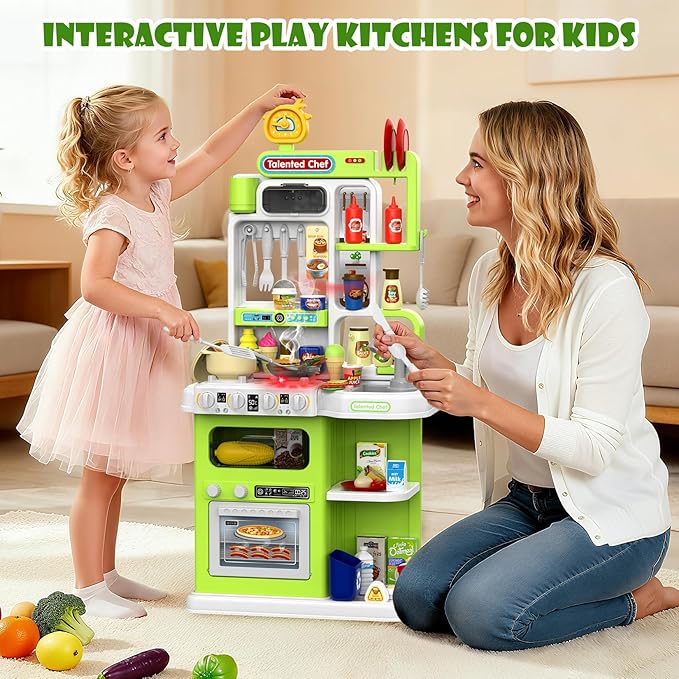 Kids Kitchen Playset, 36.22'' Play Kitchen for Toddlers 1-3 with Steam, Sound & Light, Cooking Stove, Play Sink, Oven and Toy Kitchen Accessories, Kitchen Set for Boys Girls 3 4 5 (Green)