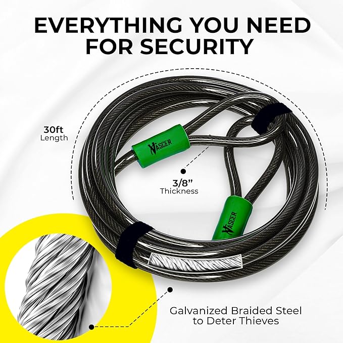 Heavy Duty Security Cable with Loops - 30 Feet (3/8") Bike Cable Lock Cut Resistant with Braided Steel and Vinyl Coating -Security Chain Lock for Bicycle, Boat, Ladder, Gate, Mower & Equipment