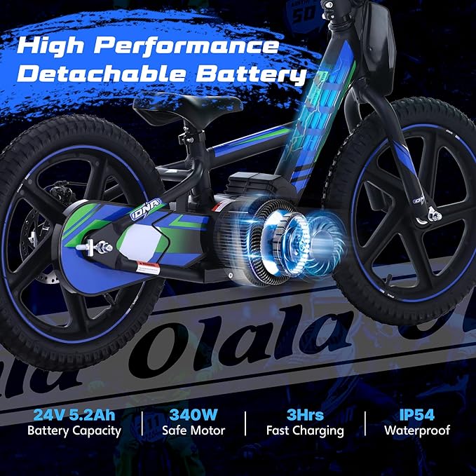 OLALA Electric Dirt Bike for Kids Aged 5-10, 340W Racing Grade Electric Motorcycle with Aluminum Frame, Up to 12MPH & 3 Speed Settings, Safe Disc Brakes, 16IN Knobby Tires