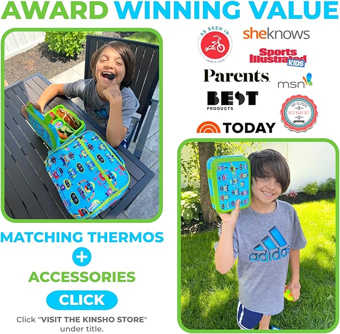 kinsho Bento Lunch Box and Insulated Bag, Water Bottle & Ice Pack Set for Kids Toddlers, 4 Portion Sections, Removable Tray, PreSchool Kid Toddler Daycare Lunches, Snack Container, Robot