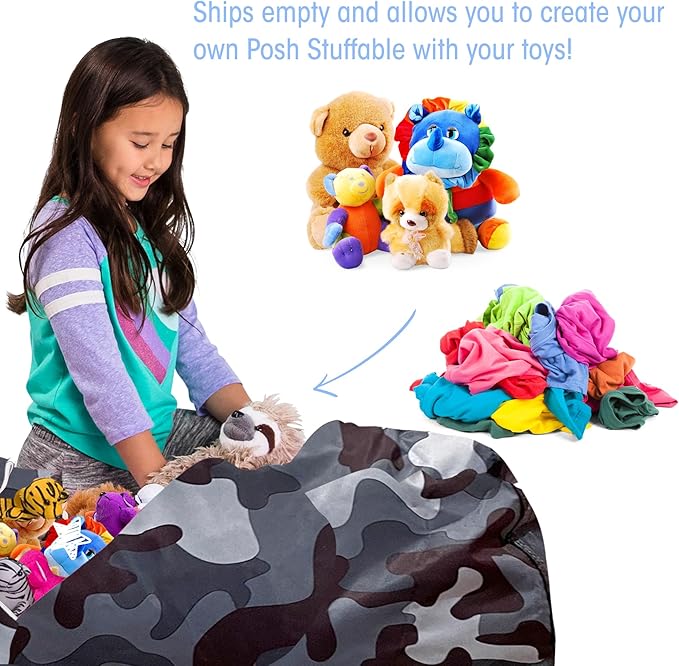 Posh Creations Kids Stuffed Animal Storage Bean Bag Chair Cover - Childrens Toy Organizer, X-Large-48in, Nylon Camo Dark and Black Gray