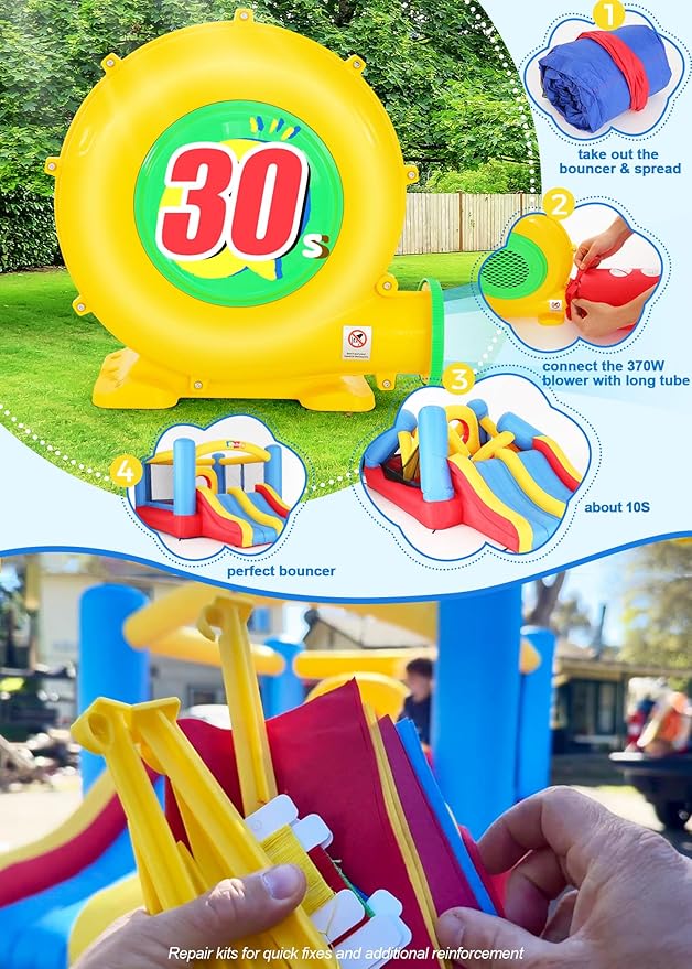 Whubefy Inflatable Bounce House Elevated Double Racing Slide for Kids 3-6 with Jump-Through Hoop Large Blow Up Bouncy Castle Obstacle Course 12.3x8.7x5.8ft w/370W Blower Indoor Outdoor Fun