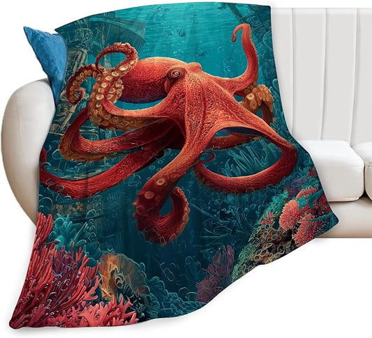 Ocean Octopus Blanket Coral Marine Life Animal Throw Blankets Gifts for Girls Boys Kids Octopus Lover Soft Cozy Fleece Plush for Couch Sofa Bed 50"x40"
