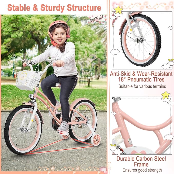 HONEY JOY Kids Bike, 12 14 16 18 20 Inch Toddler Bikes w/Training Wheels, Handbrake & Coaster Brake, Fully Enclosed Chain, Adjustable Handlebar & Seat, Kids Bicycle w/Basket, Girls Boys Bike 3-8