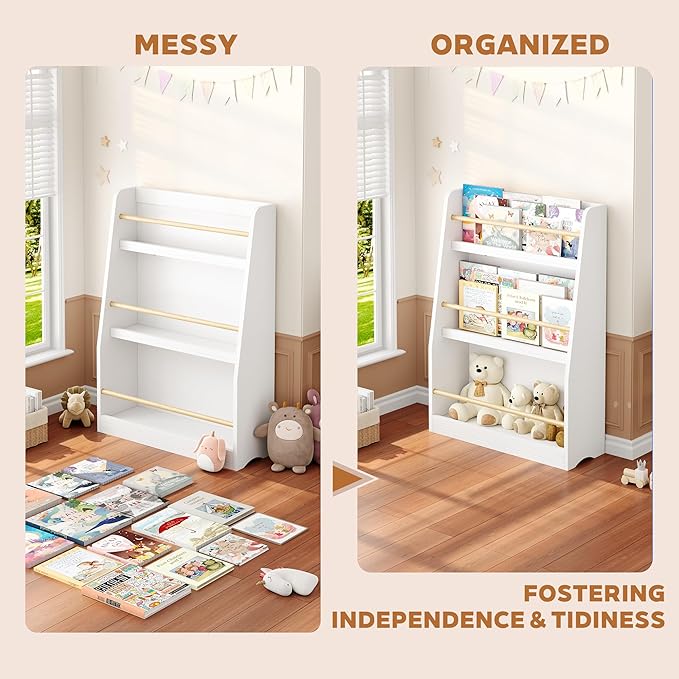 Kids Bookshelf, 3-Tier Montessori Book Shelf Organizer for Books and Toys, Toddler Bookshelf for Bedroom, Living Room, Playroom, Classroom, Nursery - White