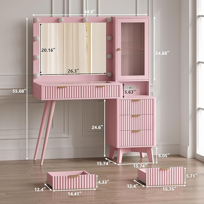 Makeup Vanity Desk with Mirror and Lights, 45" Fluted Wood Vanity Desk with Glass Top, 5 Drawers & RGB Glass Cabinet, Power Outlet, Mid Century Modern Dressing Table Set for Women Girls Bedroom