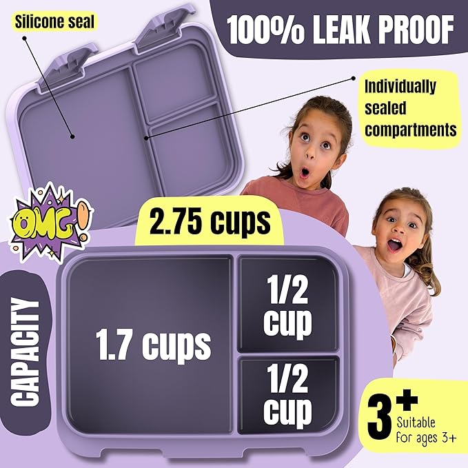 BEARFOOT Kids Lunch Box with Compartments – Compact & Lightweight | Leak-Proof, BPA-Free, Dishwasher & Microwave Safe | Hand-Drawn Design for Preschool, School, Travel (Dog & Cat Purple, 2.75 Cups)