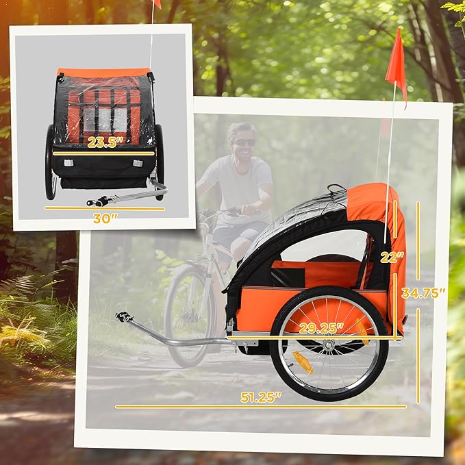 Aosom 2-Seat Child Bike Trailer for Kids with a Strong Steel Frame, 5-Point Safety Harnesses, & Comfortable Seat