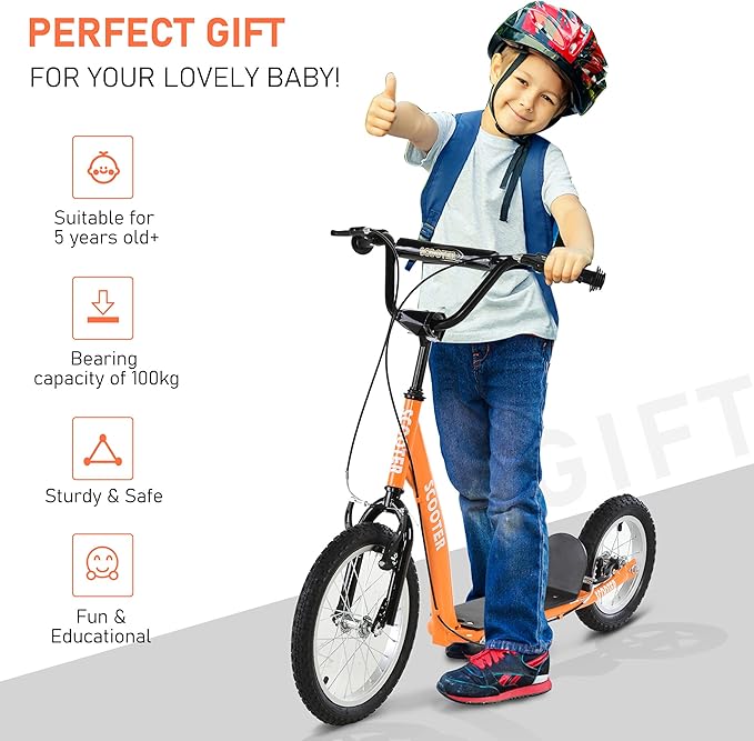 Aosom Youth Scooter Kick Scooter for Kids 5+ with Adjustable Handlebar 16" Front and 12" Rear Dual Brakes Inflatable Wheels