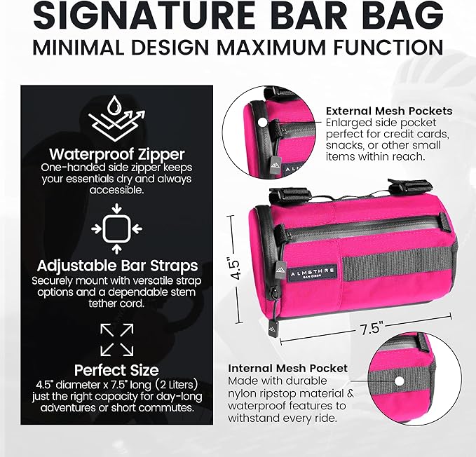 Signature Bar Bag – Passion Pink | Hard-Shell Bike Handlebar Bag with Waterproof Zippers & Adjustable Straps | Lightweight Bicycle Handlebar Bag, Compatible with Road, Gravel & MTB Bikes