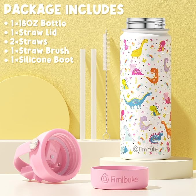 Fimibuke Kids Insulated Water Bottle, 18oz BPA FREE 18/8 Stainless Steel Kids Cup with Straw Travel Tumbler Double Wall Vacuum Leak Proof Toddler Water Bottle for School Boys Girls(1 Pack, Shark)