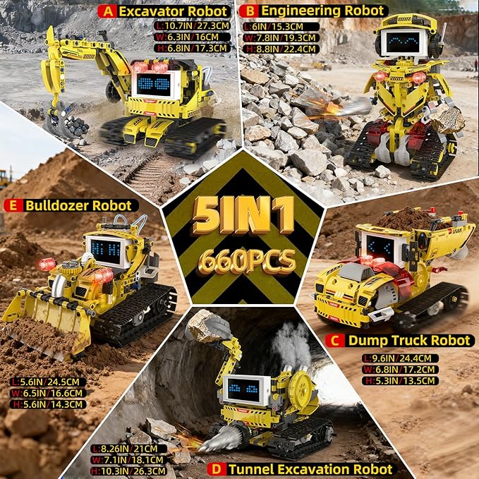 5-in-1 Programmable Robot Building Block Set for Kids Age 6 7 8 9 10 11 12-14, with APP or Remote Control & LED Display Screen, STEM Educational Gift for Teen Boys and Girls (660PCS)