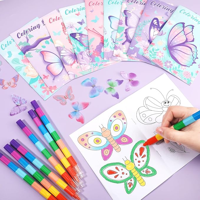 BenLouis 12 Butterfly Mini Coloring Books Kids with 12 Stacking Crayons Butterfly Theme Party Favors Small Activity Books Bulk for Kids Spring Fairy Birthday Party Gift Goodie Bag Stuffers