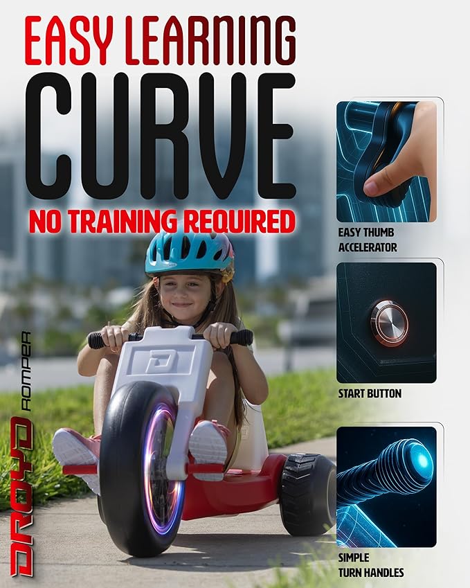 Droyd Romper Electric Tricycle for Kids 3+ Years, 24V Toy 3-6 MPH Max Speed & 45 Mins Max Long Lasting, Parental Speed Control Safe Trike with Adjustable Seat & LED Lights for Kids Gifts