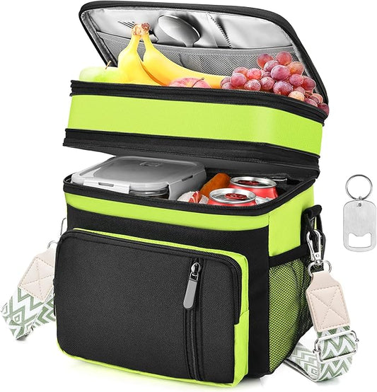 LOKASS Lunch Box for Women/Men-16L-Insulated Lunch Bag, Expandable Double-layer Leakproof Cooler Bag with Upgrade Adjustable Shoulder Strap Ideal for Work/Travel/Picnics（Neon Green）