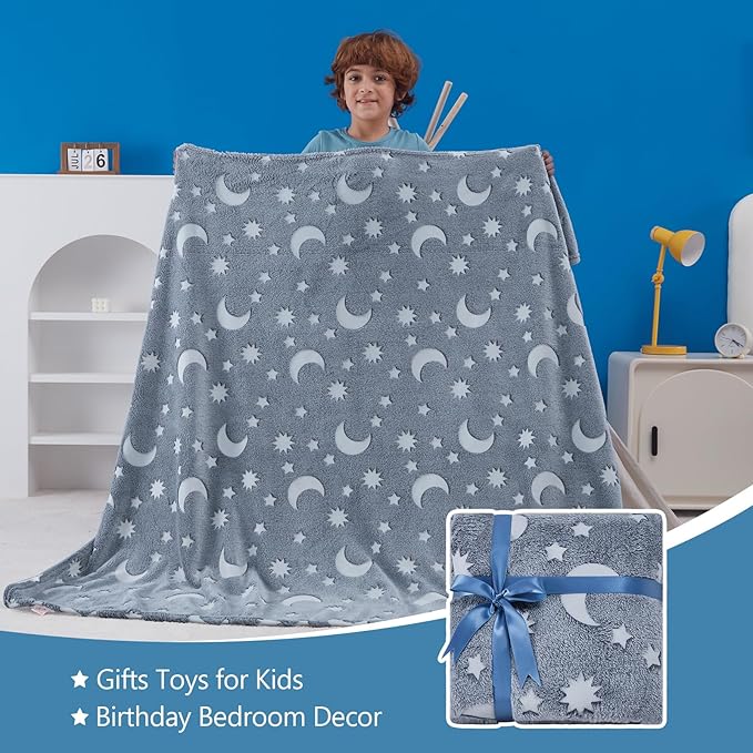 QSTEHEML Moon Glow in The Dark Blanket,Star Gifts Toys for Kids Boy Birthday Christmas Bedroom Decor for Age 3-12 Years Old Toddler Teens Child Grandkids Soft Luminous Blanket 50"×60"