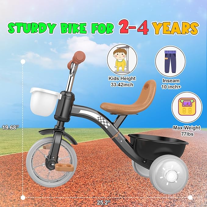 Toddler Tricycle for 1-3 3-4 Year Olds, Toddler Toys Baby Bike, Toys for Ages 2-4, 3-Level Adjustable Seat, 3 Colorful Lighting Wheels, 2 3 4 Year Old Boy Birthday Gifts