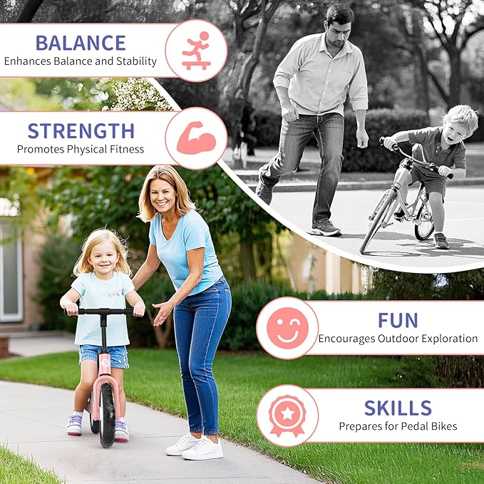 BELEEV C2 Toddler Balance Bike for 2-5 Year Olds with LED Light-Up Wheels, Adjustable Seat & Handlebar & Footrest, 12 inch No-Pedal Training Kids Push Bicycle - First Birthday Gift for Boys & Girls