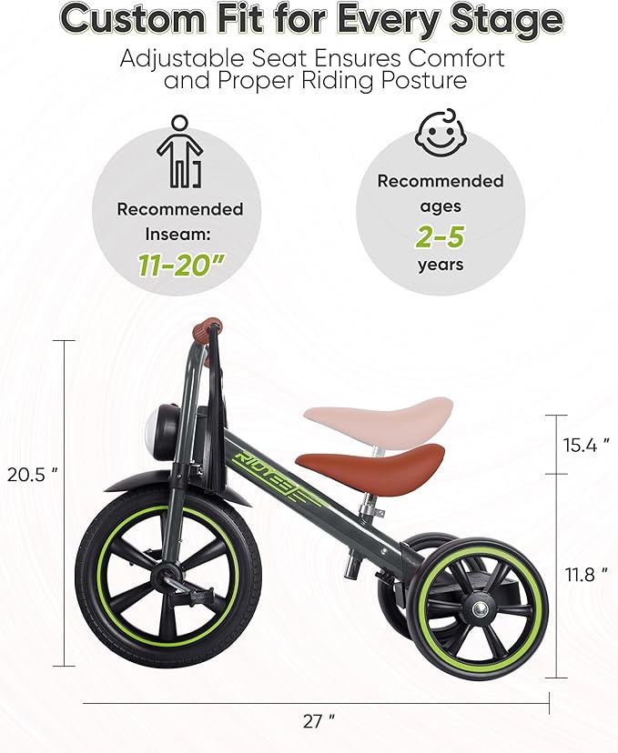 Toddler Tricycle for 2 to 5 Years, Tricycle for 3 Years with Front Light, Rubber Front Wheel, Soft Handlebar with Streamers, Adjustable Seat, Grey