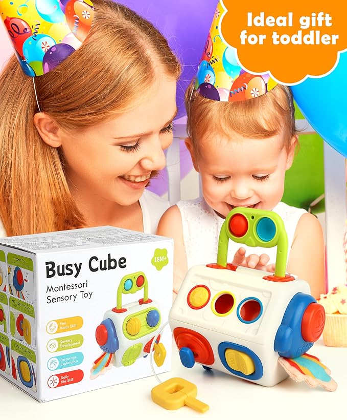 Vanmor 10-in-1 Busy Cube for 18+ Months Toddlers - 8-Sided Montessori Sensory Activity Cube with Fine Motor Skills Learning, Travel Fidget Toys for Airplane Car Seat, Gift for Boys Girls