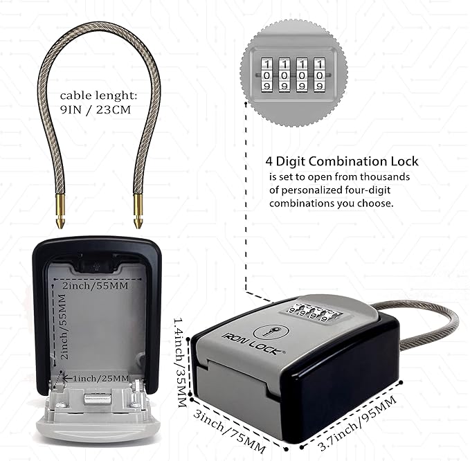 Iron Lock® Portable Key Lock Box with Removable Cable Shackle Indoor Outdoor Waterproof 4 Digit Combo Resettable Code with A B Switch Key Lockbox for Outside Spare Keys for Realtors (Small, Grey)