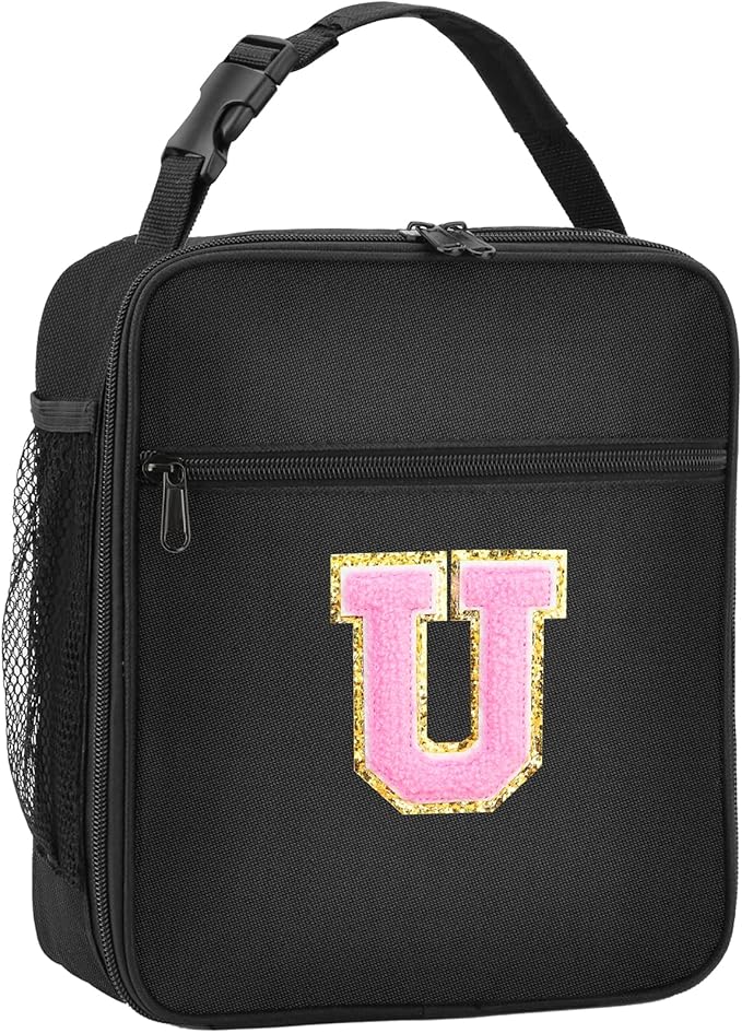 Initial Insulated Lunch Bag, Lunch Box with Initial Letter Patch for Teen Adult, Reusable Lunch Bag for Men Women, Ideal Back to School Gift Birthday Gift, Pink U
