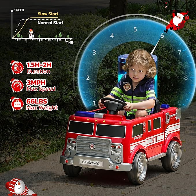 ELEMARA 12V Ride on Fire Truck, Electric Ride on Car for Kids,Battery Powered Toddler Car w/Parent Remote Control,Siren-Call,walkie-talkies, Flashing Lights,Fire Extinguishers, Bluetooth,Music,UBS.