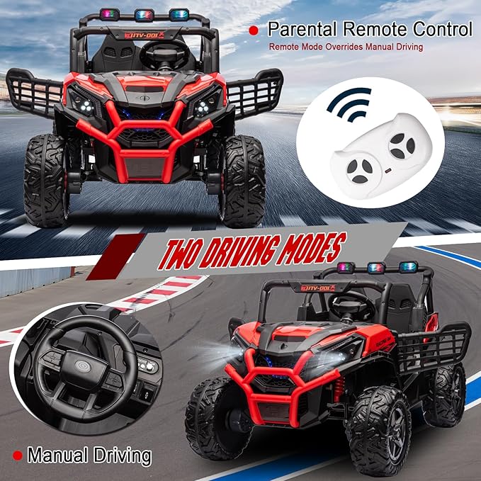 24V 4WD 2-Seater Ride On Car for Kids, 4X4 Battery Powered Ride On Toy with Remote Control, Electric Vehicle 4 Wheeler UTV for Boys Girls, LED Light, Music, Bluetooth, Red