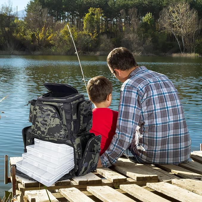 Anpress 38L Fishing Tackle Backpack with 2 Rod Holder Waterproof Large Storage Outdoor Tackle Bag Fishing Rucksack Bag for 4 Trays, Tackle Storage Backpack for Camping Hiking Traveling Cycling