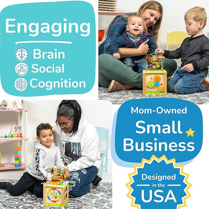 Wooden Kids Baby Activity Cube - Boys Gift Set | One 1, 2 Year Old Boy Gifts Toys | Developmental Toddler Educational Learning Boy Toys 12-18 Months | Bead Maze, First Birthday Gift