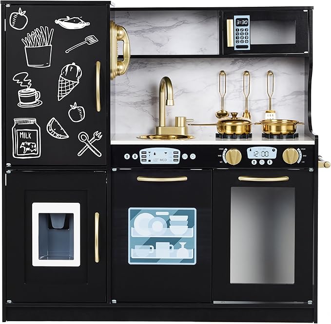 Best Choice Products Pretend Play Kitchen Wooden Toy Set for Kids w/Realistic Design, Telephone, Utensils, Oven, Microwave, Sink - Black