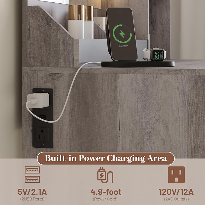 Makeup Vanity with Mirror and Lights & Power Outlet, 34'' Small Vanity Desk with Drawers and Storage Cabinet & Makeup Tray, Dressing Table for Girls Bedroom Dressing Room, Grey