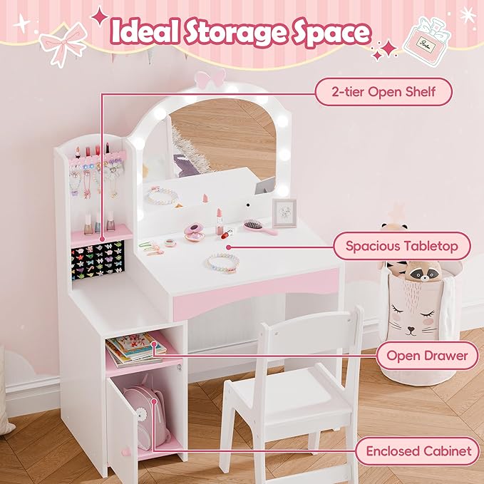 MU Kids Vanity, Girl Vanity Set with Mirror and Chair, 2 in 1 Toddler Makeup Vanity Table with Jewelry Storage, Wooden Princess Makeup Desk Dressing Table for Little Girls, White