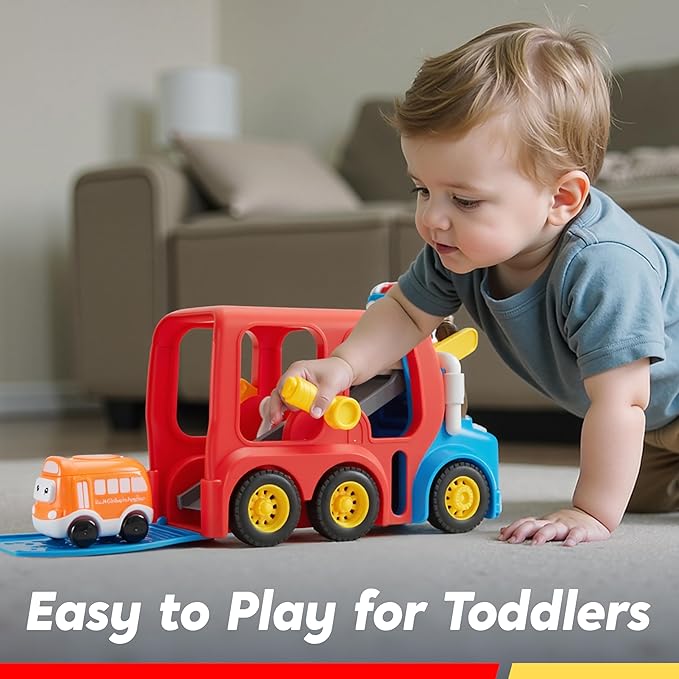 Toddler Truck Toys for Age 2-4, Carrier Transport Trucks for Kids 2 3 4 5 Year Old Boy, 4 Pack Car Toys Including School Bus, Taxi, Fire Engine and Police Car, Christmas Birthday Gift