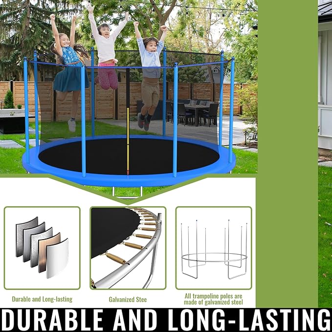 10FT/12FT/14FT Trampoline for Kids and Adults - Outdoor Trampoline with Safety Net - Anti Rust - ASTM Approved - Blue