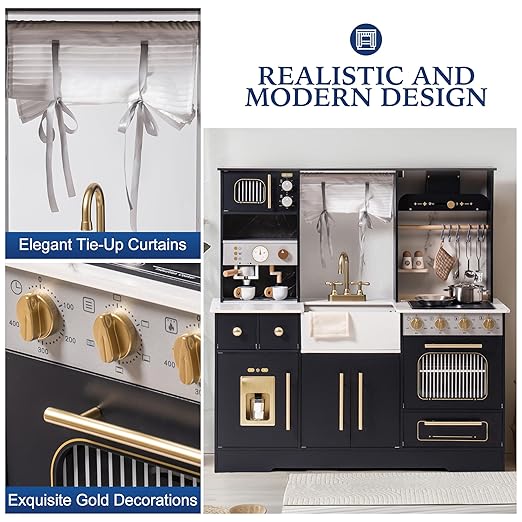 ROBOTIME Wooden Play Kitchen for Kids, Toddler Kitchen Playset with Ice Maker and Coffee Machine, Realistic Kids Play Kitchen Toy Gift for Girls & Boys Ages 3+ Black