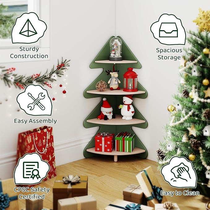 Tree Bookshelf for Kids, 4-Tier Montessori Corner Bookcase, Space-Saving Freestanding Storage Organizer for Books & Toys, Suitable for Kids Room, Playroom, Classroom, Nursery