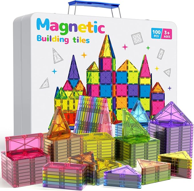 100Pcs Premium Magnetic Tiles Toys Set with Sturdy Iron Case, STEM Educational Building Blocks for Kids Ages 3-5 4-8, Montessori Sensory Toys, Creative Birthday Gifts for Toddler Boys & Girls