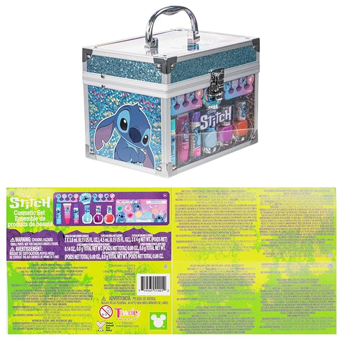 Stitch Train Case Beauty Set, Kids Makeup Kit for Girls, Real Washable Makeup Set, Play Makeup, Party Favor, Birthday, Ages 3 4 5 6 7 8 9 10 11 12 by Townley Girl