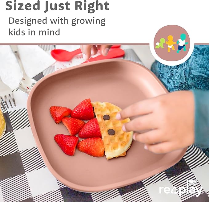 Re-Play Toddler Plates - 22 Oz. Deep-Walled Flat Kids Plates - Dishwasher & Microwave Safe - Made in USA - Set of 4-7.37" x 7.37" x 1.25" - Blossom