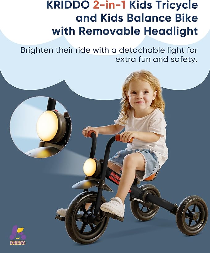 KRIDDO 2-in-1 Kids Balance Bike and Kids Tricycle for 2 to 5 Year Old, Toddler Balance Bike with Detachable Pedals, Tricycles for 3-5 Year Olds with Stitched Soft Grip, Black