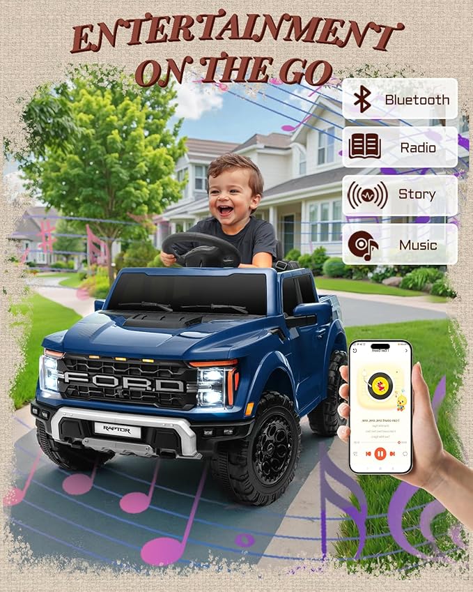 First Ride On 12V Electric Car for Kids, Licensed Ford F-150 Raptor Toddler Ride on Toys with Remote Control, Kids Ride on Truck with Smooth Start, Truck Bed Storage, Bluetooth (Blue)