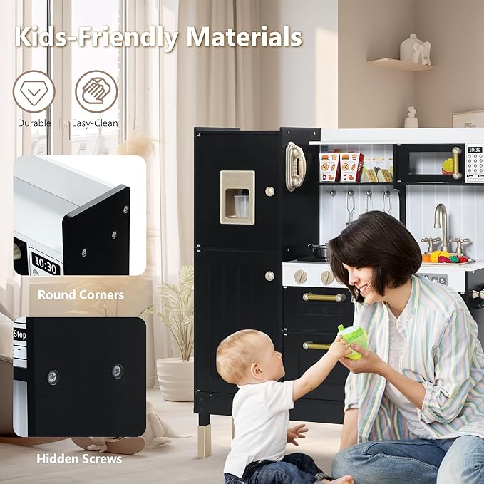 Kinder King Wooden Kids Play Kitchen, Kitchen Playset for Toddler Kid, Play Kitchen Toy Set w/Real Sounds, Pretend Microwave Oven, Ice Maker, Telephone, Gift for Boys Girls Age 3+,Black