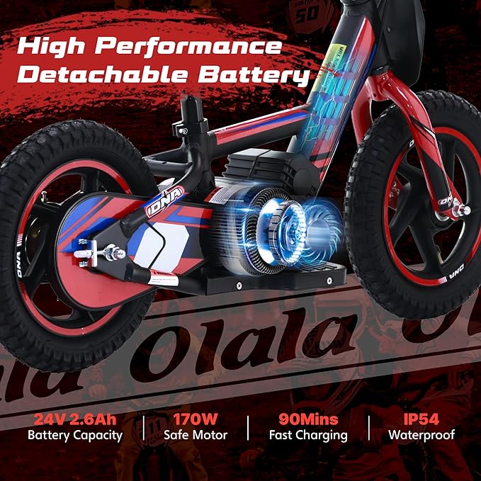 OLALA Electric Dirt Bike for Kids Aged 3-6, 170W Racing Grade Electric Motorcycle, New Aluminum Frame with 2 Power Modes, 24V Detachable Battery, 12IN Knobby Tires