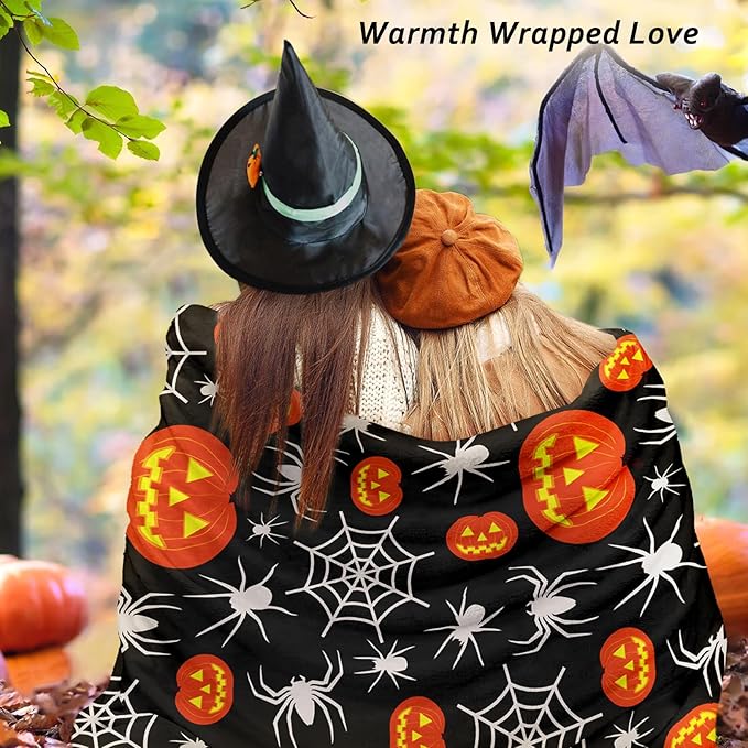 Wajade Spider Web Throw Blanket Halloween Black Blanket, Halloween Spider Web Pumpkin Velvet Fleece for Sofa Bed Couch Chair Dorm 50" x 60"