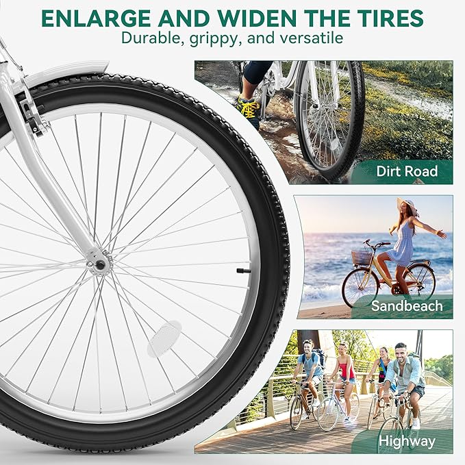 YITAHOME 24 & 26 Inch Beach Cruiser Bike, 7 Speed & Single Speed Commute Bike, Step-Through Bicycle for Adult Women & Men, Steel Frame Cruiser Bike with Full Front & Rear Fenders