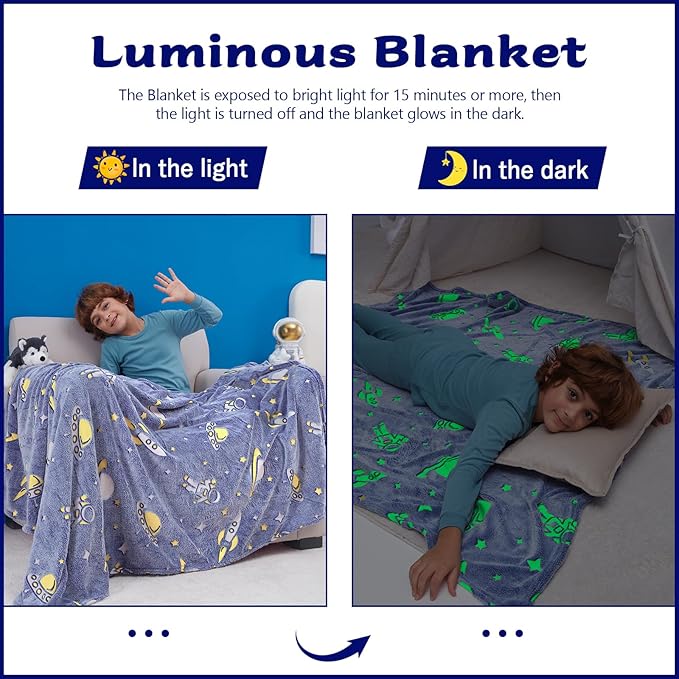 QSTEHEML Space Glow in The Dark Blanket,Galaxy Gifts Toys for Kids Boys Age 3-12 Years Old,Birthday, Decor for Child, Toddler, Teen and Grandkids Soft Throw 50"×60"